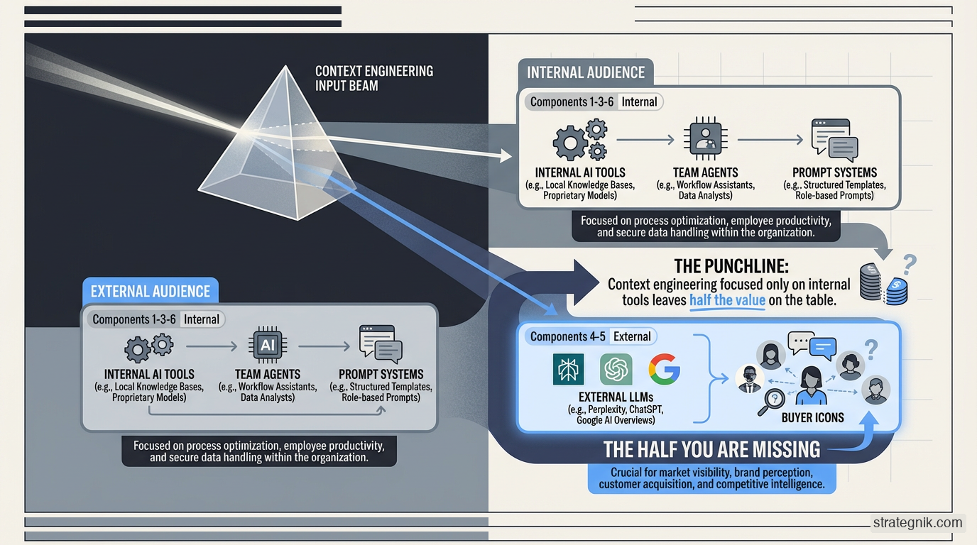 The dual audience split — internal AI tools and external answer engines both need structured context