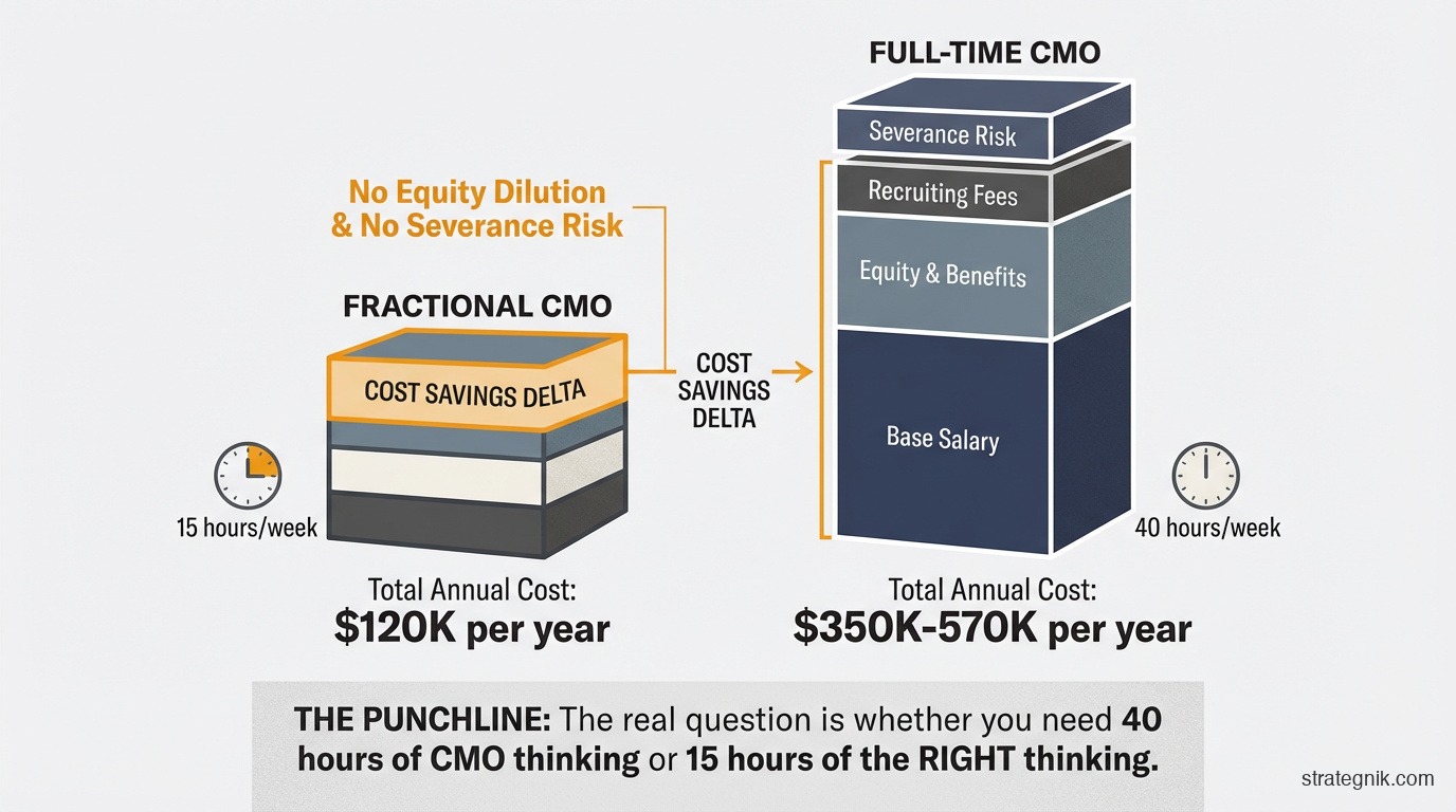 Fractional CMO vs. full-time CMO cost comparison — retainer versus fully loaded executive compensation