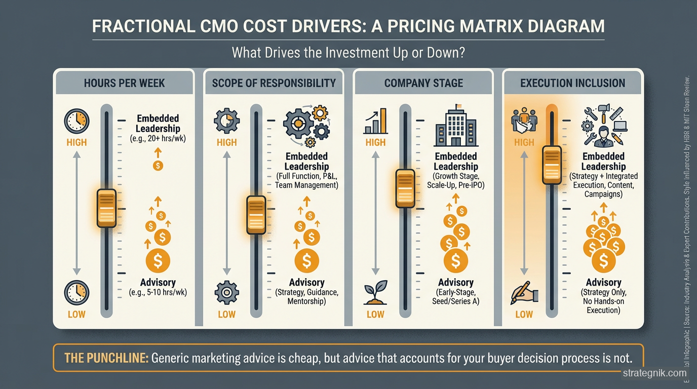 The four levers that drive fractional CMO pricing — hours, scope, stage, and execution inclusion