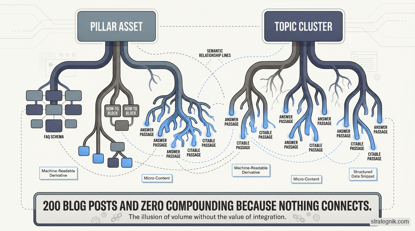 Hierarchical tree diagram showing content architecture — pillar assets branching into topic clusters, then atomizing into FAQ schema, how-to blocks, and citable answer passages connected by semantic relationship lines